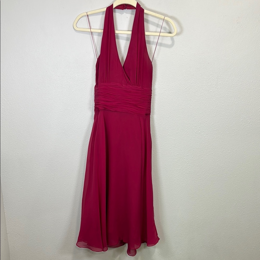 Maggy London Y2K red‎ silk halter Ruched Tie Front Sundress